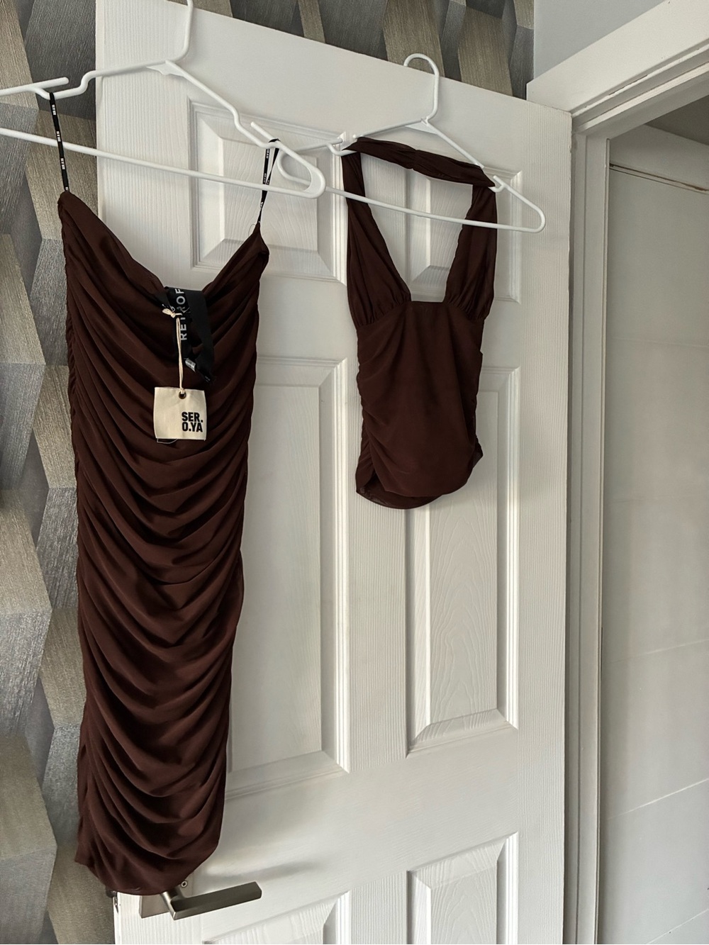 SER.O.YA Chocolate Brown Ruched Midi Dress